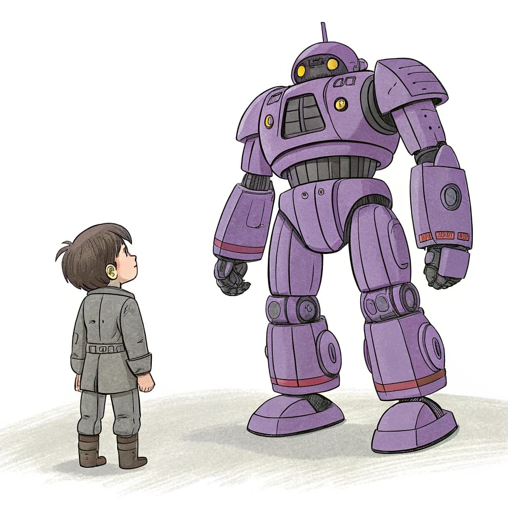 Clad in his body suit up to the neck, young Masa nervously approaches the towering mech with his back facing us. He is nervous for his first time in the field. The mech's bright purple colour scheme contrasts with the grey body suit. The scale of the mech dwarfs Masa. Hand drawn style