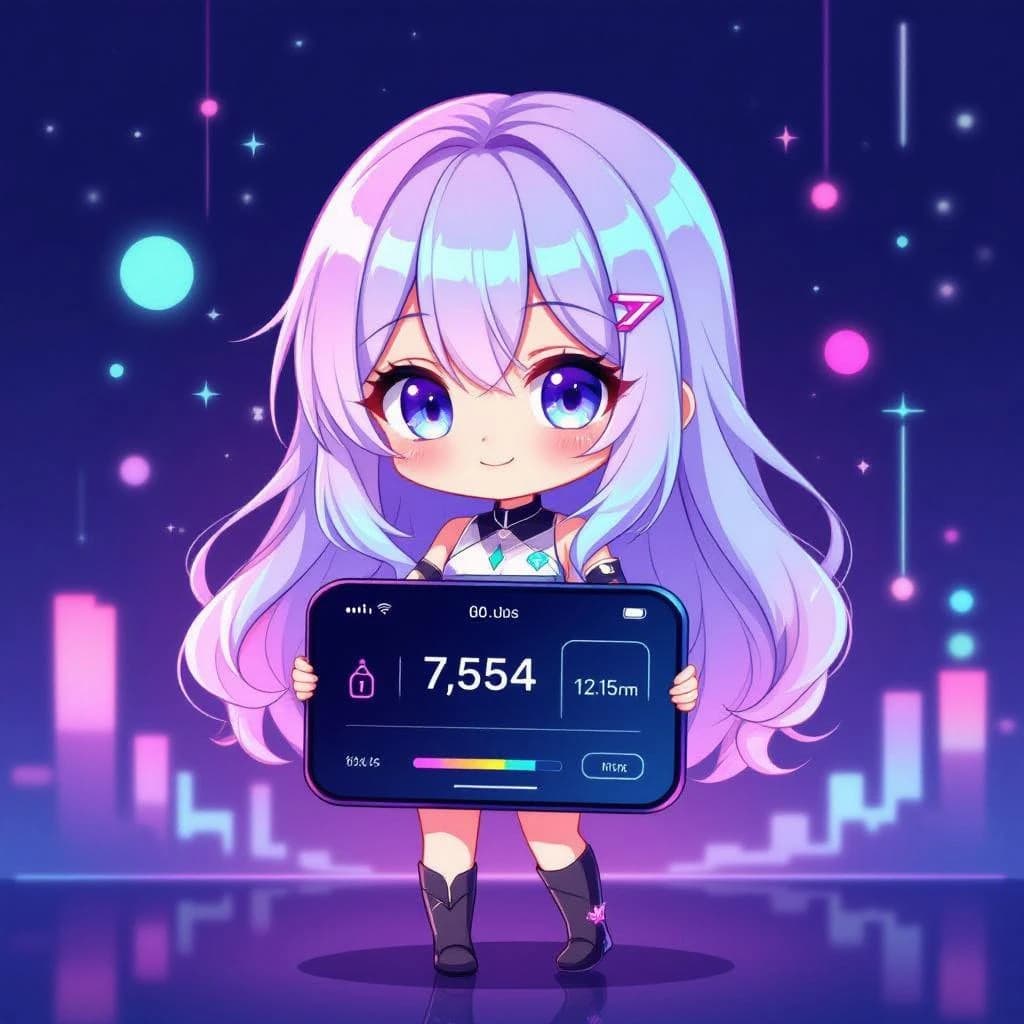A chibi artist crafts a sleek mobile dashboard, neon pastel glow.
