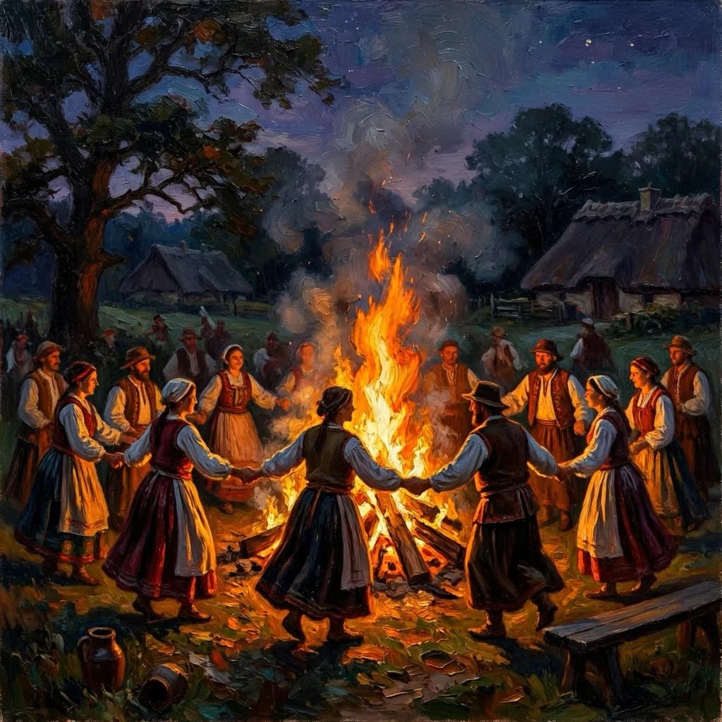 Make an oil painting of villagers dancing by a bonfire at dusk, a bit smoky.