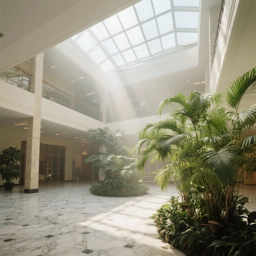 Sunlit atrium with glass ceiling, marble floor, ferns, a bit of morning haze.