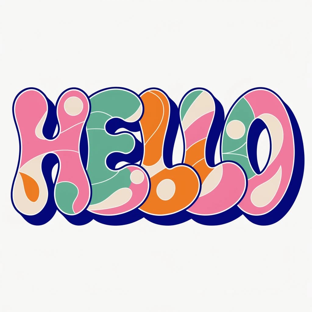 Make a bold bubble-letter poster that says HELLO, pastel palette, thick outline.