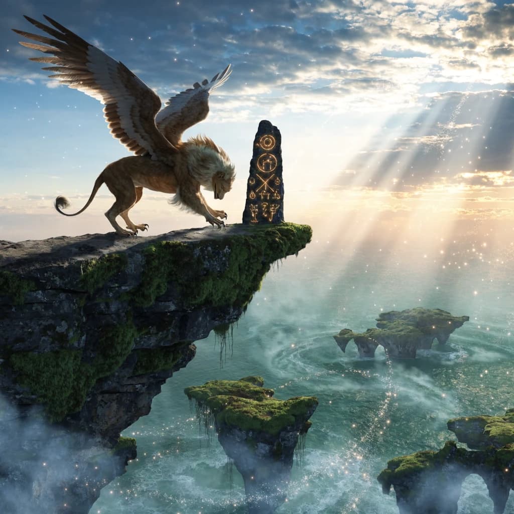 At dawn, a winged griffin lands on a mossy cliff above a jade sea beside a runed obelisk; floating isles drift under golden sunbeams, with a bit of sea spray and glowing runes.