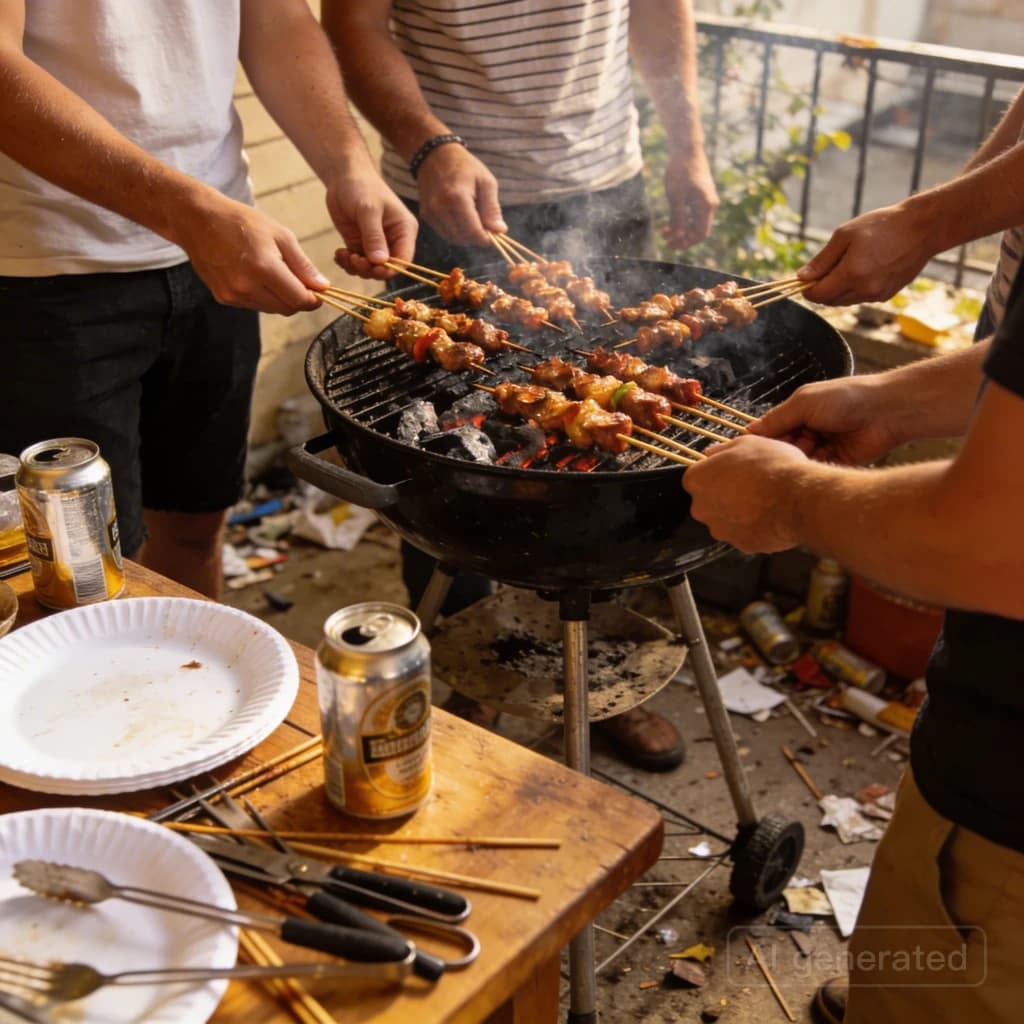 Friends grill skewers on a slightly messy patio.