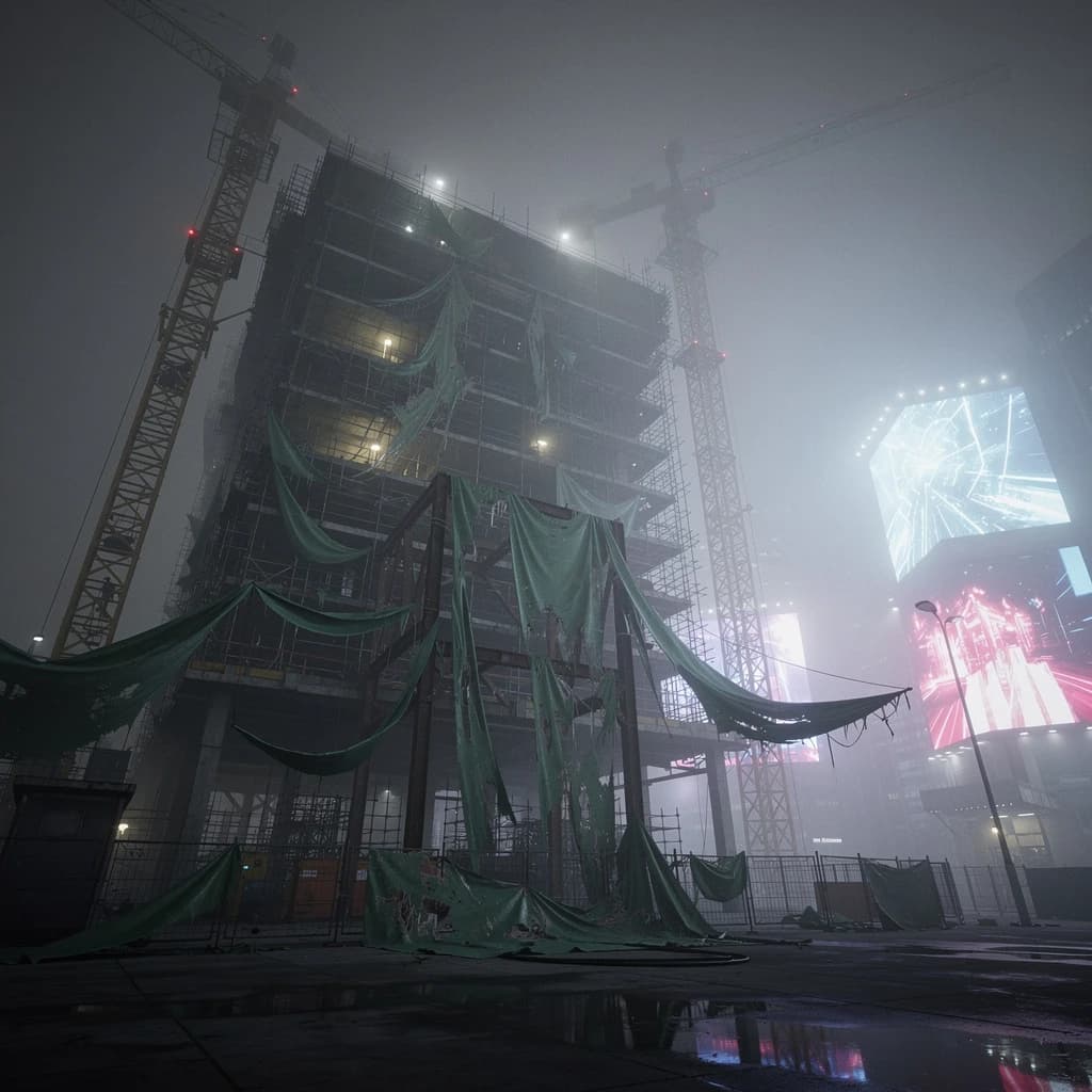 A construction site stretched upward into fog, cranes frozen in silhouette. Wind rattled scaffolding draped with torn mesh that glowed faintly from nearby billboards