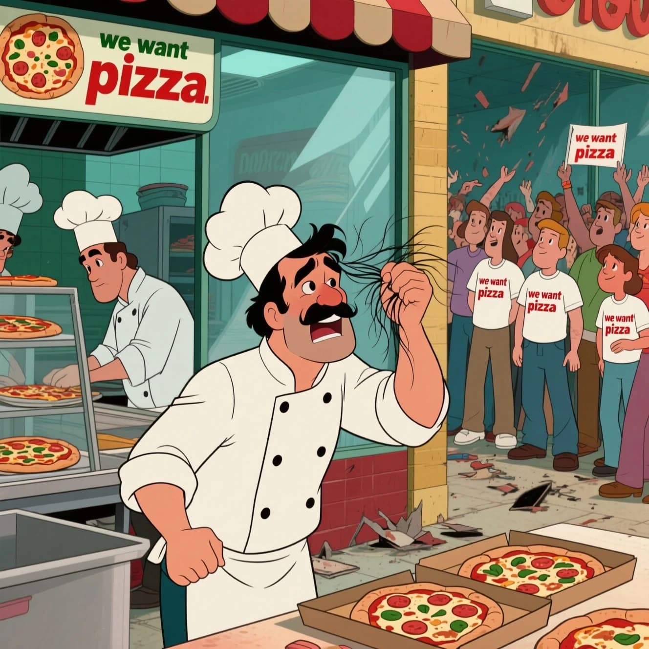 Pasquale is pulling his few remaining hairs out over a disaster at the pizzeria - the cooks are working as fast as they can but the crowds outside are swelling and they demand hot hot pizza! They are banging on the glass and some are wearing "we want pizza" shirts. 1980s western TV animation style.