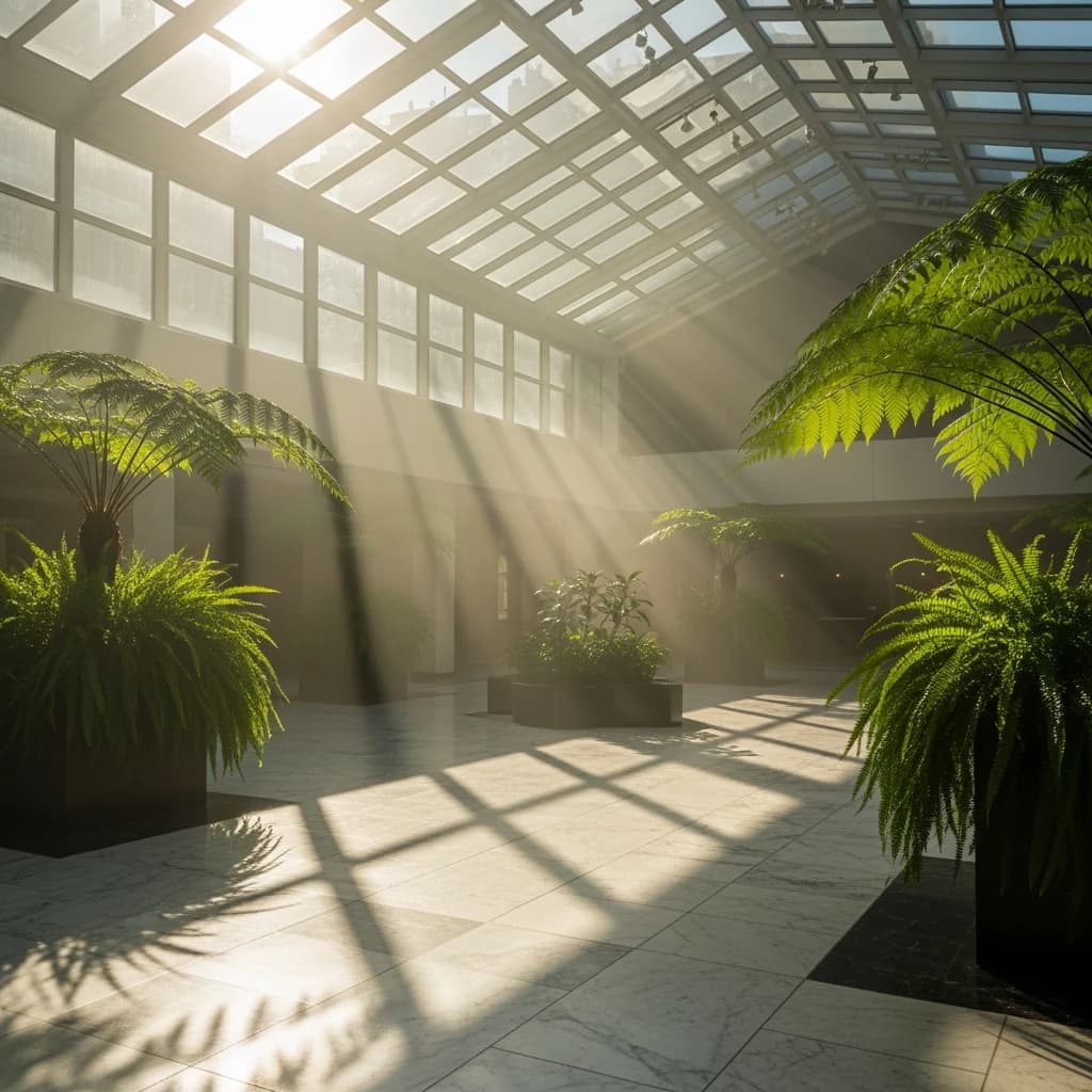 Sunlit atrium with glass ceiling, marble floor, ferns, a bit of morning haze.