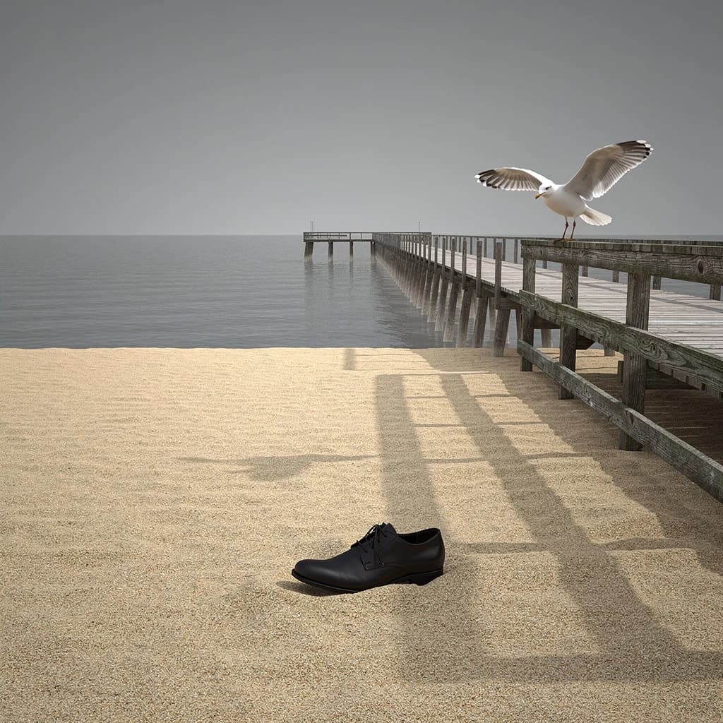 The beach is flat, sand beige, granular, no shells, except for a single left shoe, black leather, size eleven, half buried at an angle. The pier extends straight into the water, wood untreated, grain visible, though the support posts vanish before they touch the surface. The sky is uniformly gray, no clouds, yet shadows stretch at sharp diagonals. A single gull sits on the railing, wings outstretched, frozen mid-flap, no movement.