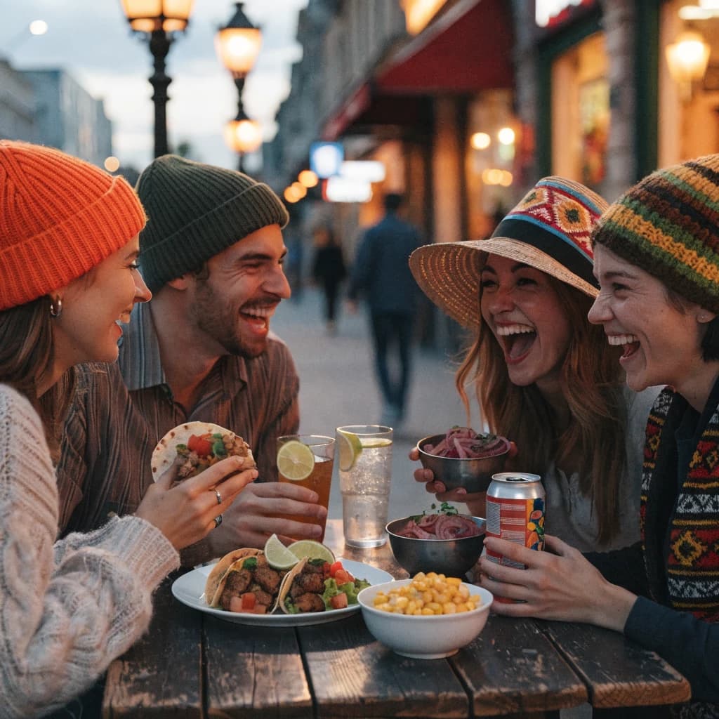 Friends laugh over street tacos at dusk, candid, shallow depth.