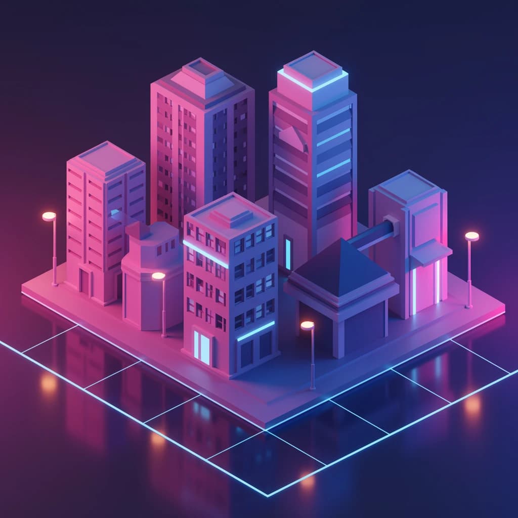Render an isometric city poster with geometric buildings, neon gradients, gloss highlights, soft AO shadows, clean sans-serif lettering, grid layout, reflections a bit overexposed.