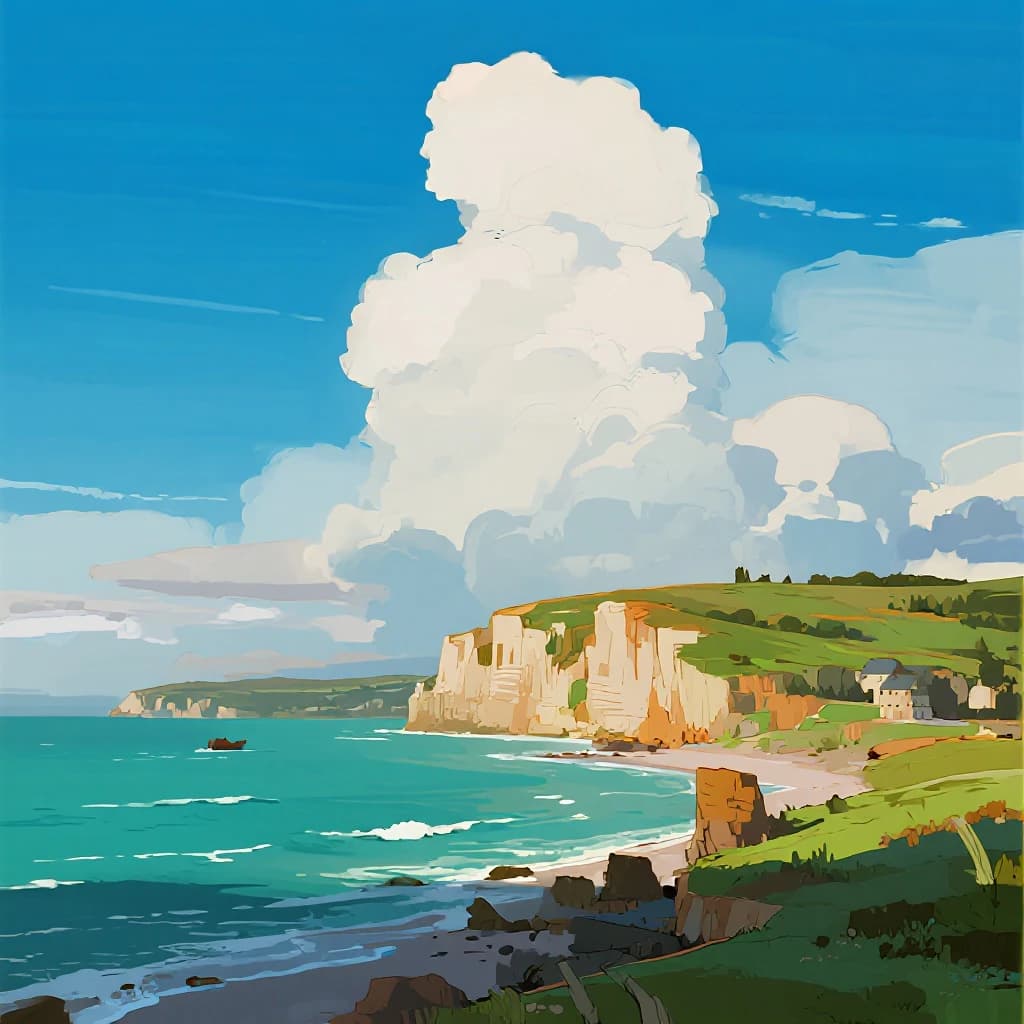 Bright cliffs over teal sea, fat clouds, bold outlines and flat shading.