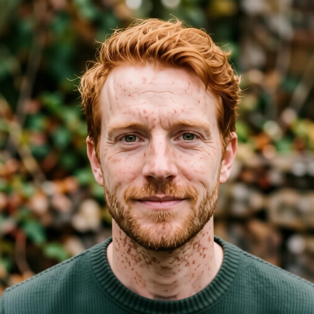 Shoot a natural light headshot of a red-haired man with freckles, green eyes.