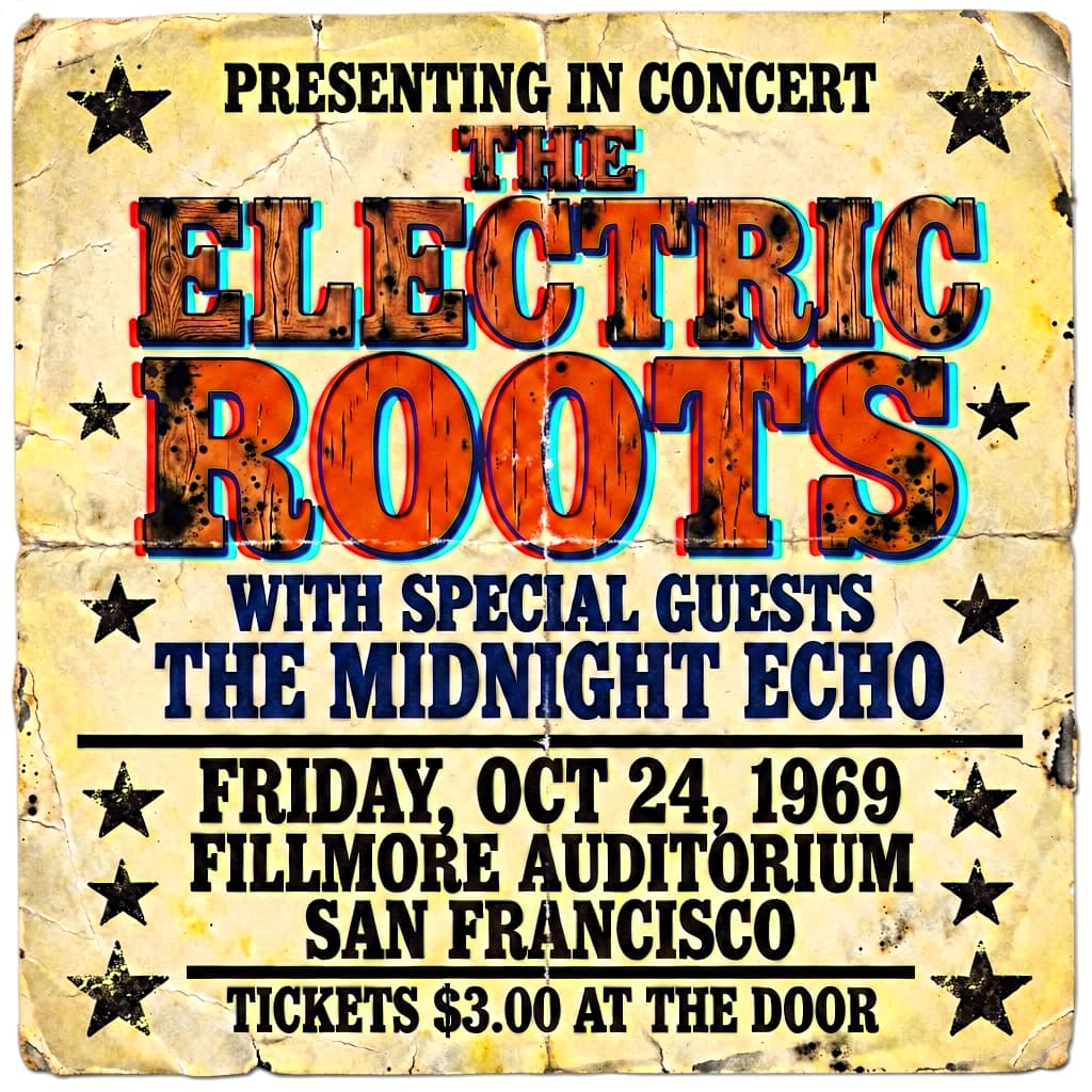 Make a 1960s concert poster featuring bold wood type, misaligned ink, creases.