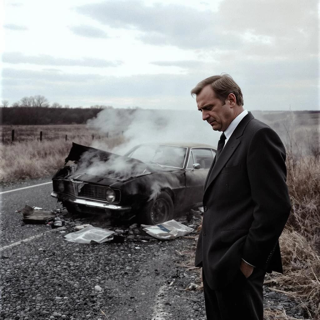 Mario examines the still smouldering wreck of the crash that took his best driver on the side of the country road. He designed this car and caused this. 3 days have passed since the crash. It's 1973 in Northern Italy.