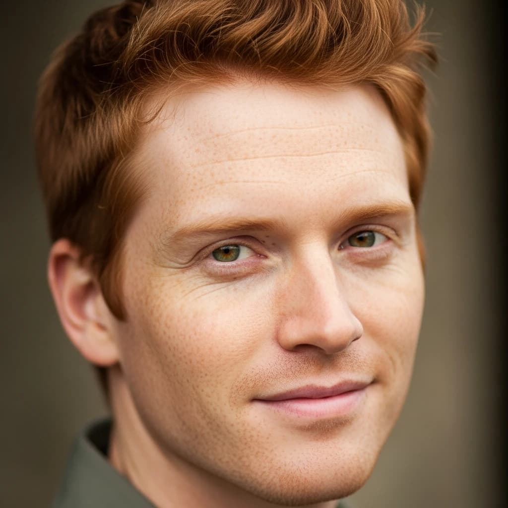 Shoot a natural light headshot of a red-haired man with freckles, green eyes.