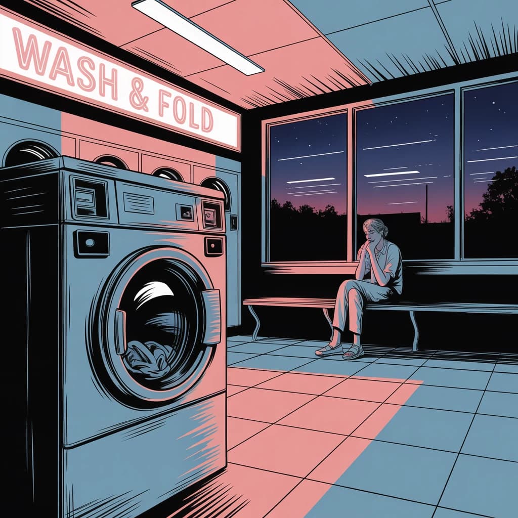 A cozy laundromat at dusk, neon humming, flat colors, bold inked lines.