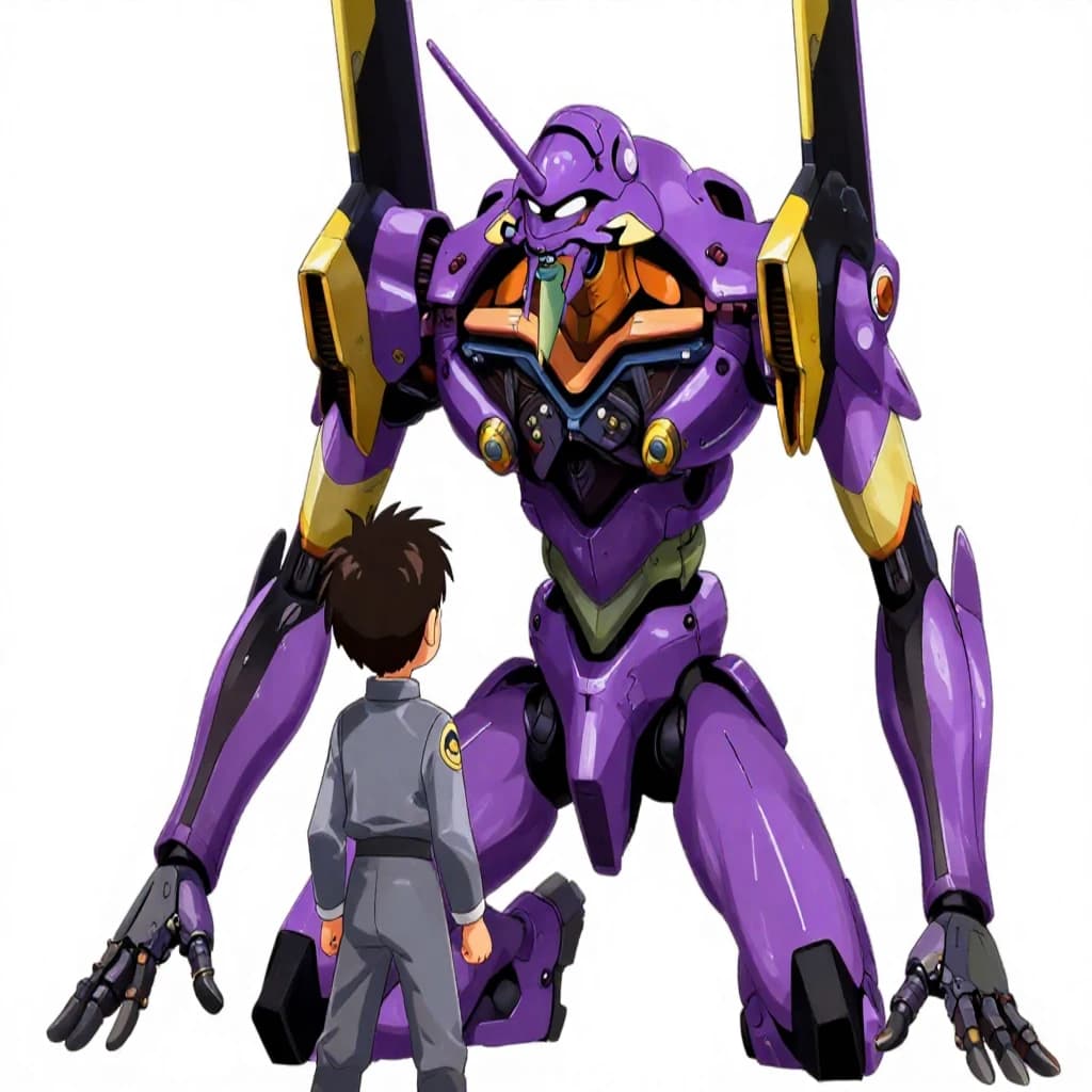 Clad in his body suit up to the neck, young Masa nervously approaches the towering mech with his back facing us. He is nervous for his first time in the field. The mech's bright purple colour scheme contrasts with the grey body suit. The scale of the mech dwarfs Masa. Hand drawn style