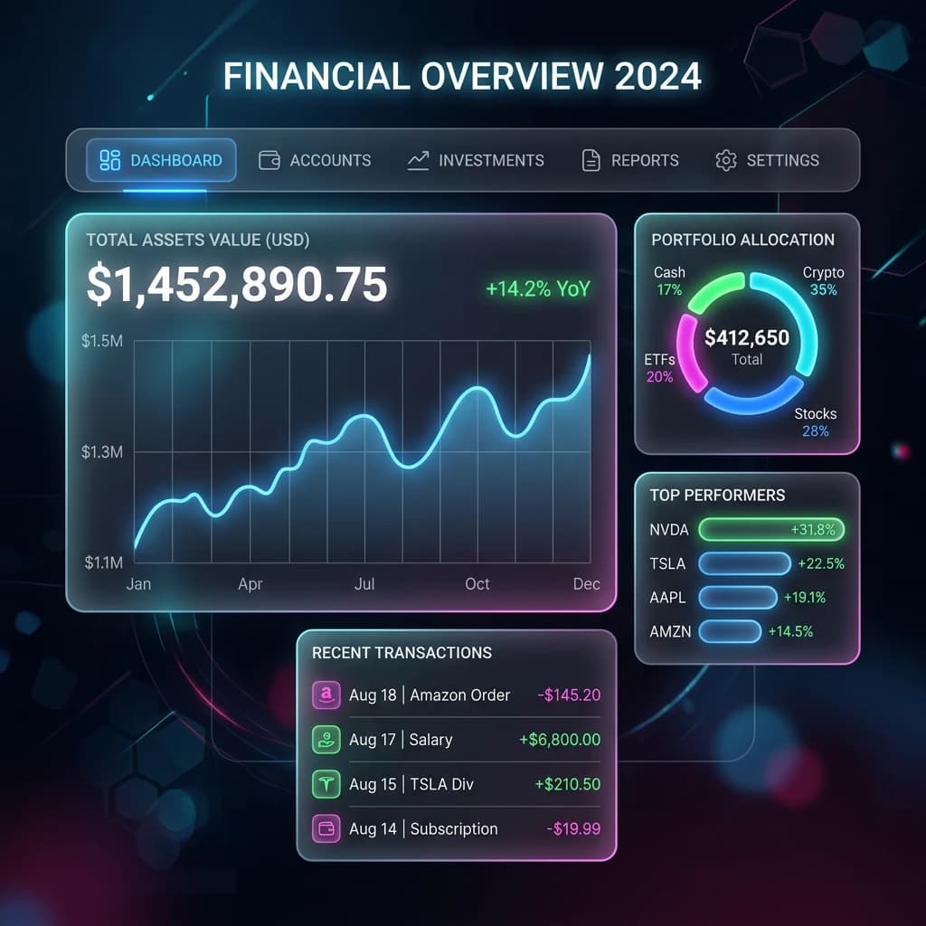 Make a dark mode finance dashboard with charts, glassmorphism, soft neon glow.