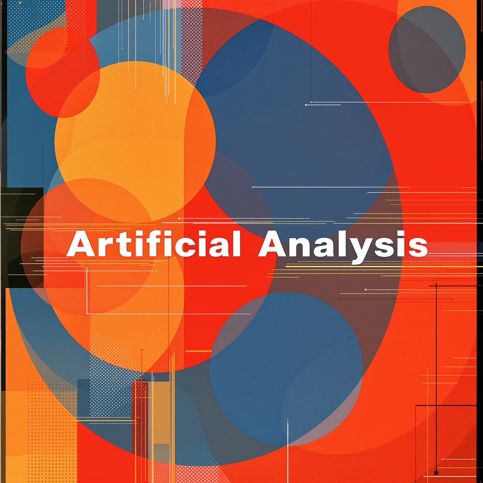 A bold poster composition dominated by flat geometric shapes in crimson, cobalt, and ochre. Overlapping circles and sharp diagonal lines create dynamic tension across the frame. A single sans-serif word — Artificial Analysis — stretches across the center in stark white, distorted slightly as though caught mid-glitch. The background is textured with halftone dots and faint grid lines, while subtle overlays of translucent rectangles suggest depth. Designed in the spirit of modernist Swiss typography fused with digital glitch aesthetics.