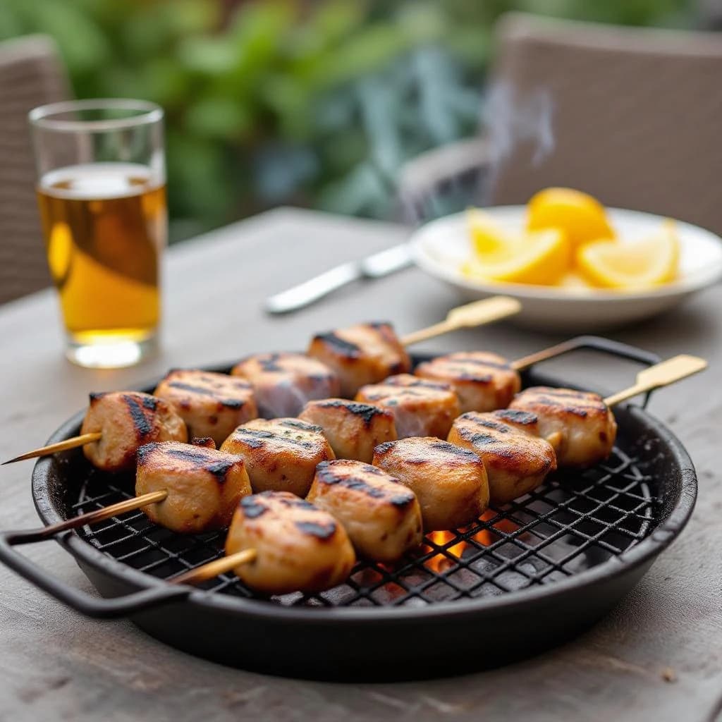 Friends grill skewers on a slightly messy patio.