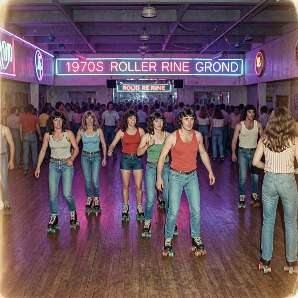 A 1970s roller rink crowd skates under neon, with a bit of fade and film grain.
