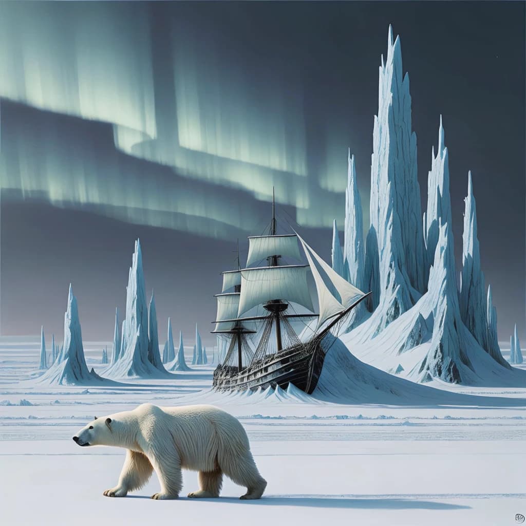 An endless tundra stretches outward, littered with jagged icebergs shaped like cathedral spires. A polar bear trudges across the foreground but leaves no tracks. Auroras ripple overhead. A half-buried shipwreck juts from the snow — sails billowing despite the still air.