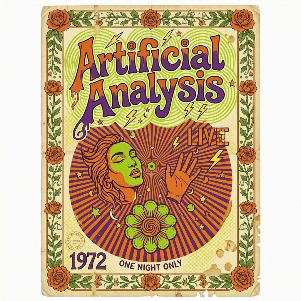 A portrait layout psychedelic concert poster from 1972 bathed in saturated oranges, deep purples, and acid greens. Swirling, hand-drawn typography arcs across the top, spelling out Artificial Analysis in bold, distorted letters that melt into spirals. Surrounded by radiating concentric circles and lightning-bolt motifs. The background is textured with halftone dots and faded paper creases, evoking a well-worn poster taped to a brick wall. Ornate floral borders frame the design, while the bottom features blocky retro lettering listing “Follow us on Twitter or LinkedIn to stay up to date with future analysis” in smaller text. 