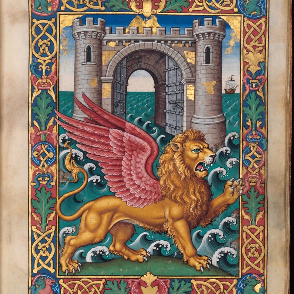 Paint an illuminated manuscript scene of a winged lion guarding a sea gate.