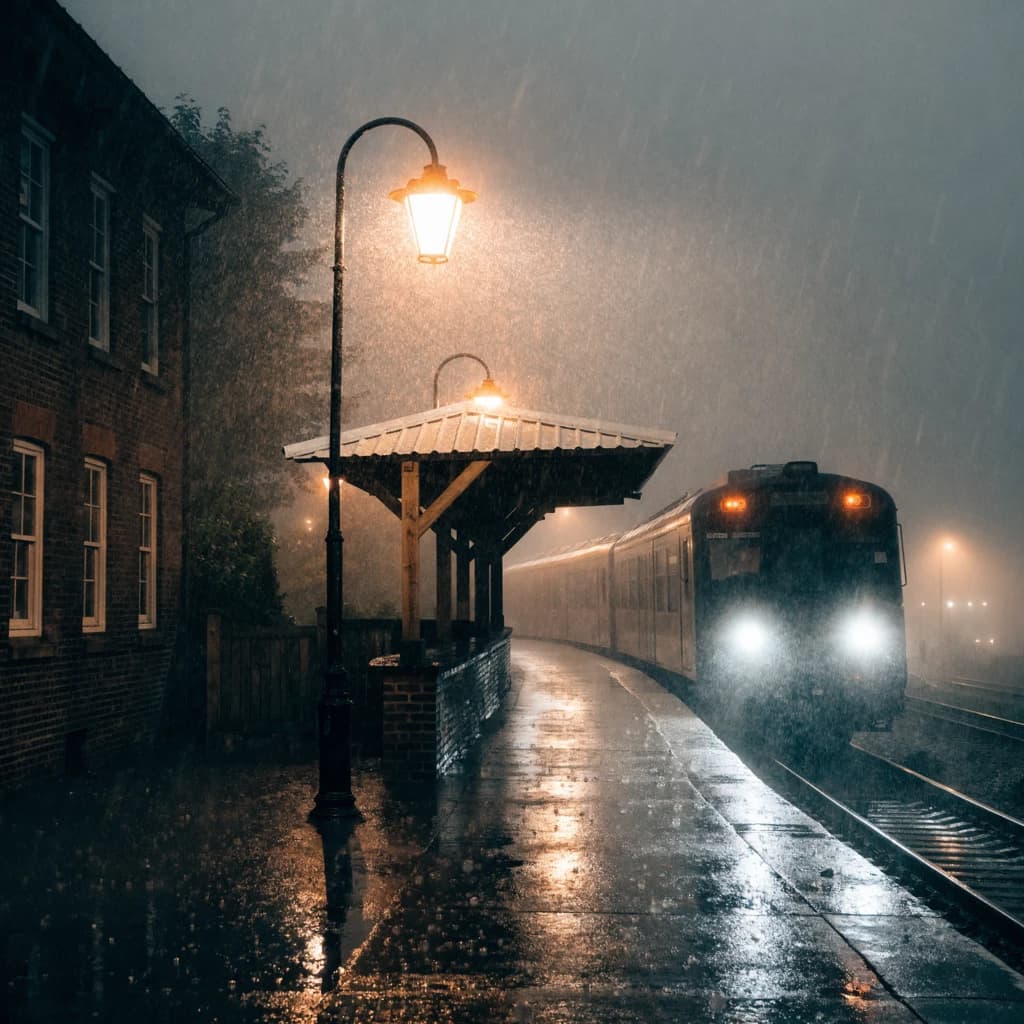 A commuter train enters a foggy little station.