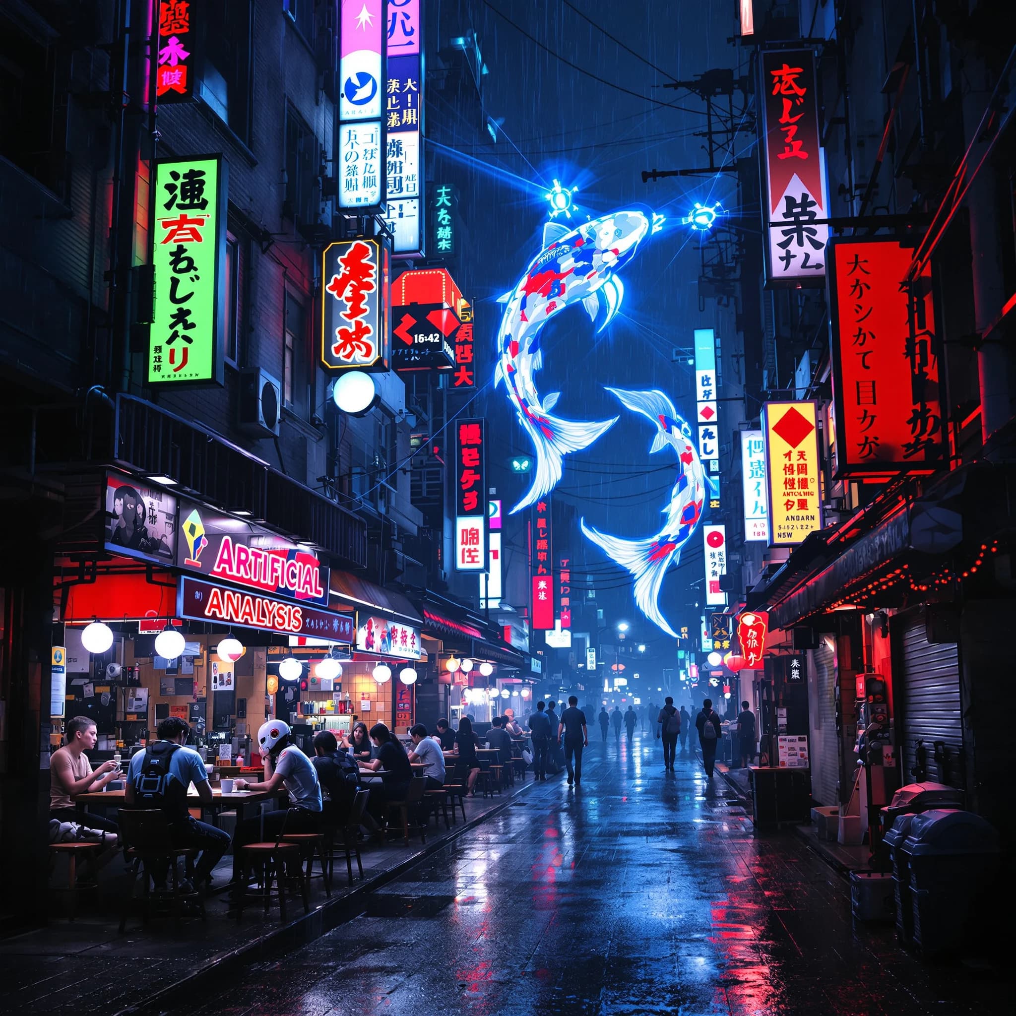 A neon alley in Neo-Tokyo 2142 drips with rain Cybernetic patrons slurp ramen at a stall with their glowing implants humming with blue light. Three giant holographic koi hover 10 metres above the ground and swim across the skyline, one has clipped into a building. A six-prop drone hovers nearby, projecting "Artificial Analysis" onto a wall with blue laser beams visible