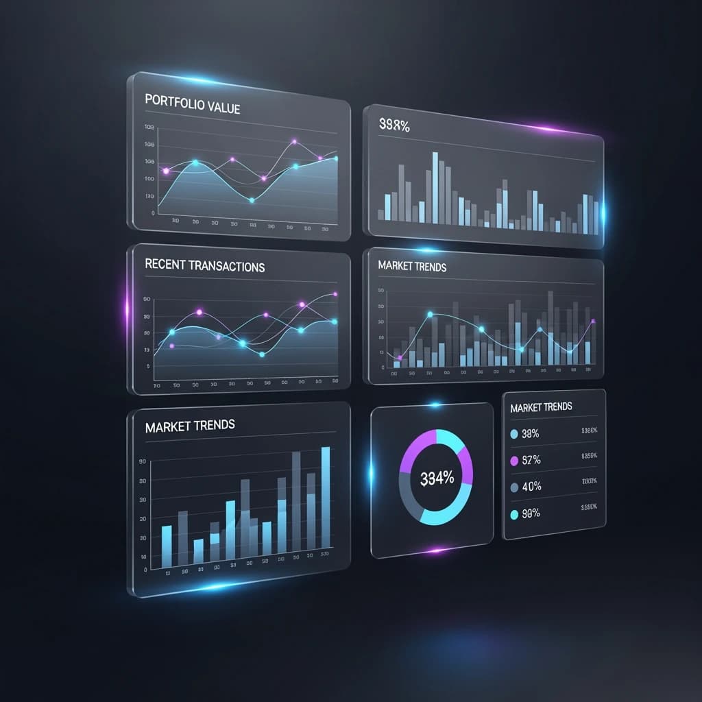 Make a dark mode finance dashboard with charts, glassmorphism, soft neon glow.