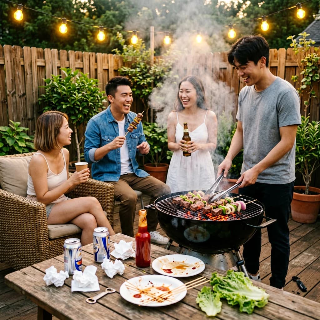 Friends grill skewers on a slightly messy patio.
