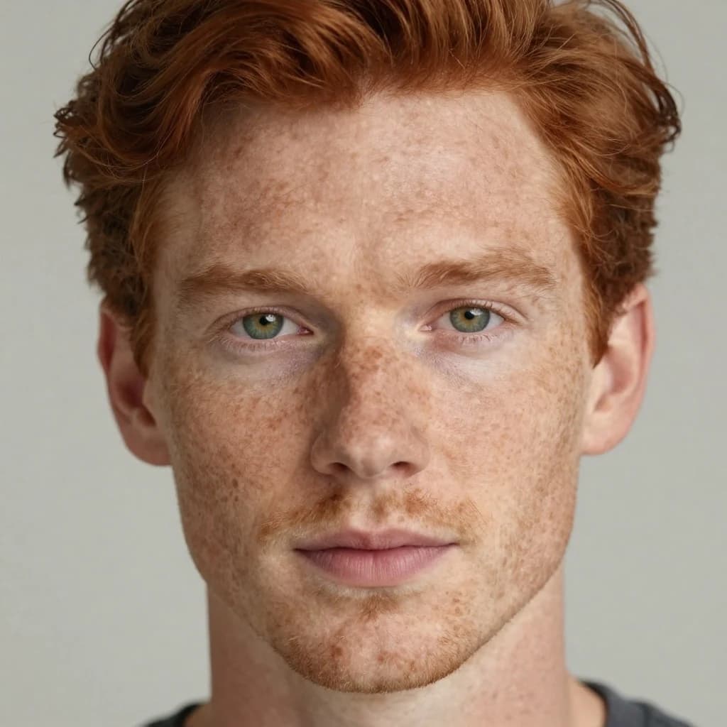 Shoot a natural light headshot of a red-haired man with freckles, green eyes.