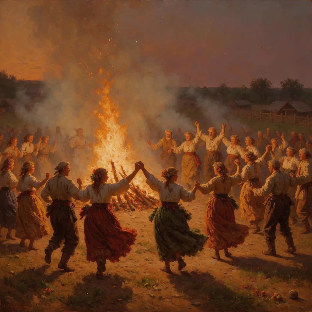 Make an oil painting of villagers dancing by a bonfire at dusk, a bit smoky.