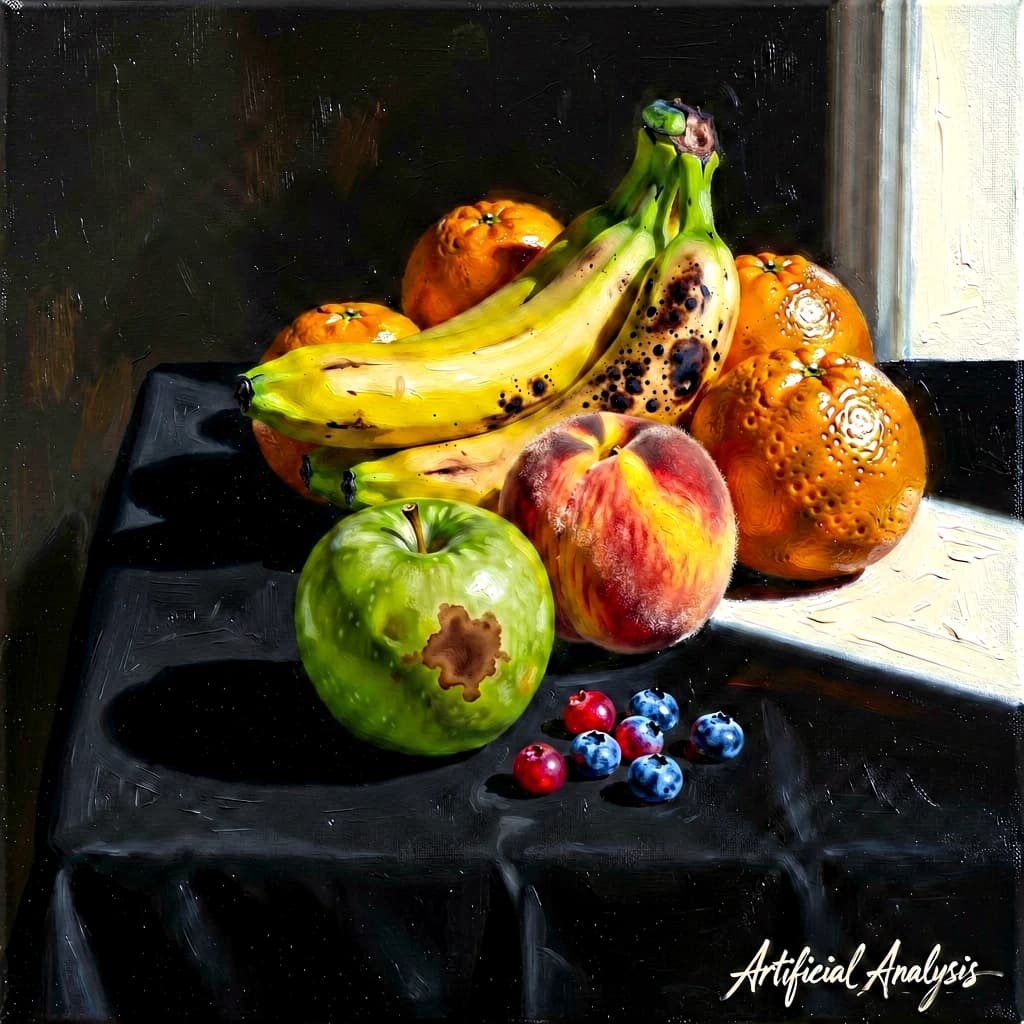 A still life scene painted oil on canvas, comprising various fruits on a black table cloth with striking lighting coming from the right out of frame, creating strong shadows. A bruised green apple is in the foreground, a peach behind it, and behind that a melange of oranges and bananas in various states of ripeness. Berries are strewn in front of the apple. The artist has signed his name "Artificial Analysis" in the bottom right corner in a hurried fashion.
