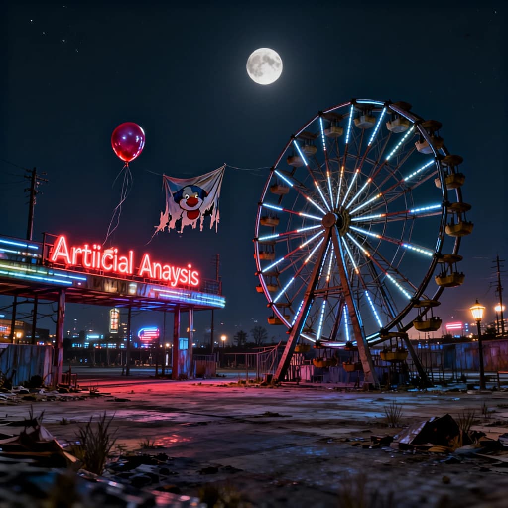 A deserted amusement park glows faintly under a half-moon. The ferris wheel is rusting yet strung with fresh, blinking LED lights. A torn clown banner flaps in a windless air. A lone balloon floats upward, tethered to nothing, while in the far distance city lights flicker on - some neon, some gas lamps as though from another century. 'Artificial Analysis' glows in neon