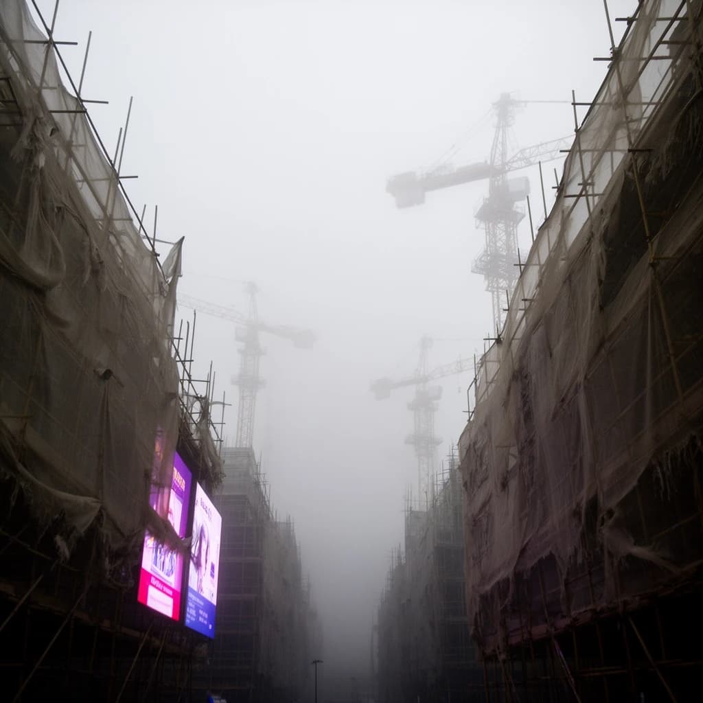 A construction site stretched upward into fog, cranes frozen in silhouette. Wind rattled scaffolding draped with torn mesh that glowed faintly from nearby billboards