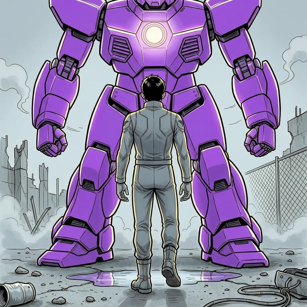 Clad in his body suit up to the neck, young Masa nervously approaches the towering mech with his back facing us. He is nervous for his first time in the field. The mech's bright purple colour scheme contrasts with the grey body suit. The scale of the mech dwarfs Masa. Hand drawn style