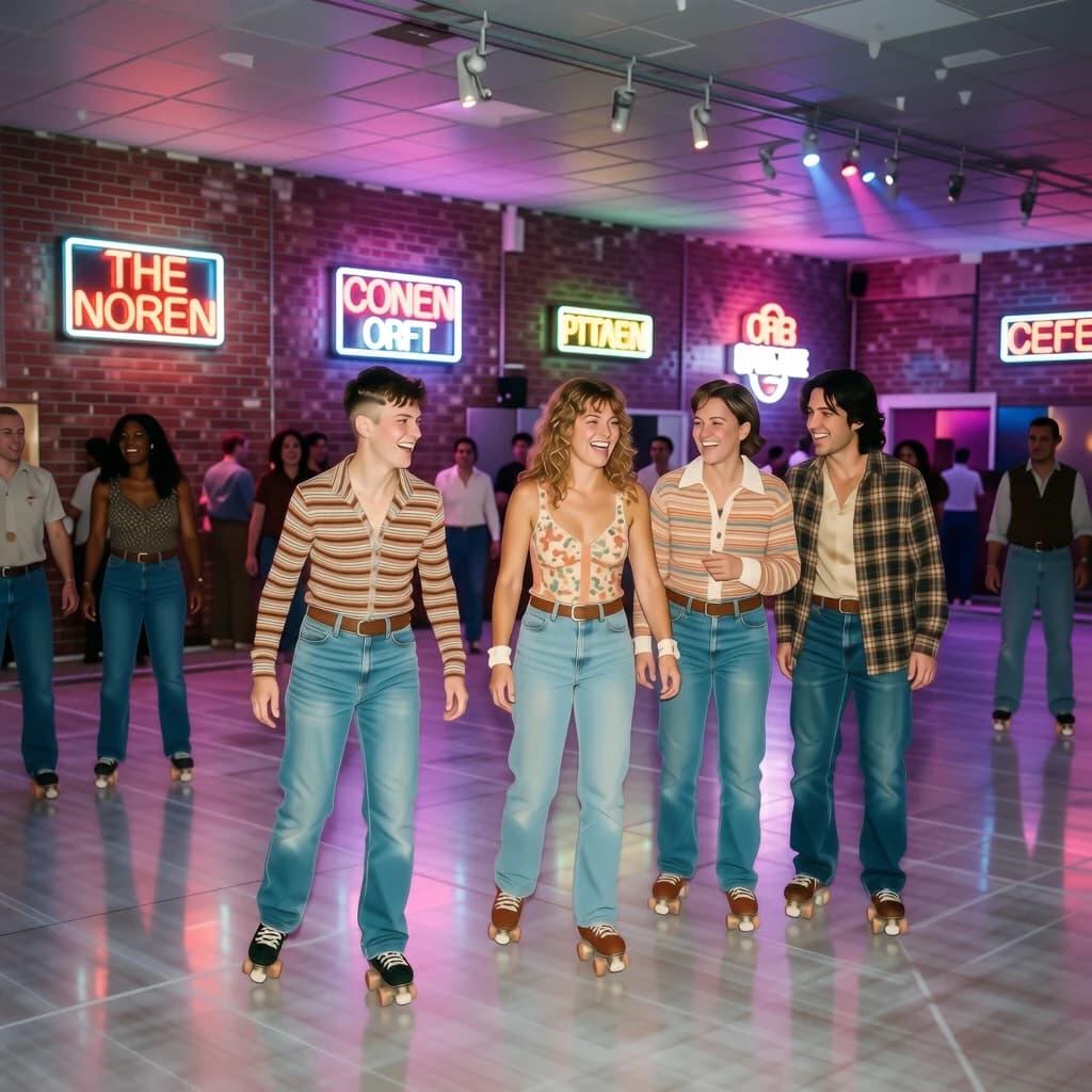 A 1970s roller rink crowd skates under neon, with a bit of fade and film grain.