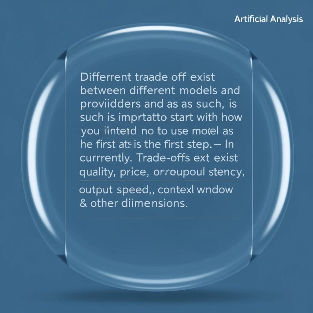In a clear transparent blue glassy rounded box, etch "Different trade offs exist between different models and providers and as such, it is important to start with how you intend to use the model as the first step. Trade-offs exist currently between model quality, price, output speed, latency, context window & other dimensions. " in sans serif medium weight text. Artificial Analysis is watermarked over the top right 