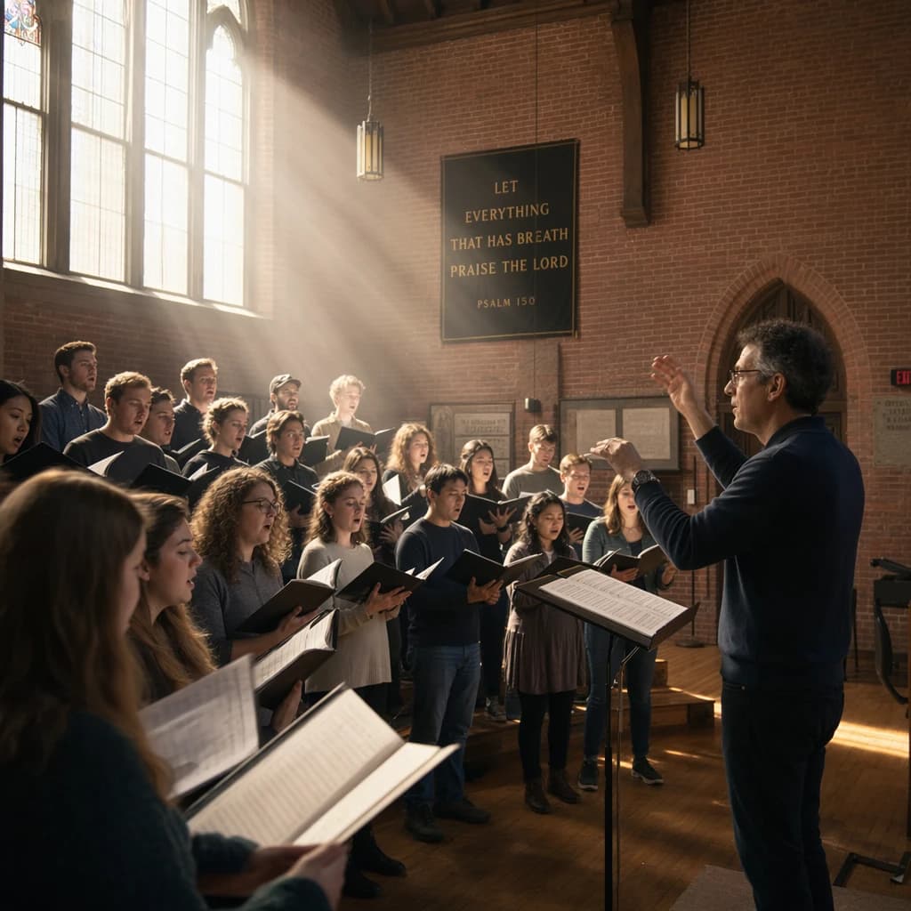 A choir rehearses in a brick hall as somewhat dramatic morning light falls through high windows, with a patient conductor mid-gesture, open scores, intent faces, slight motion blur.