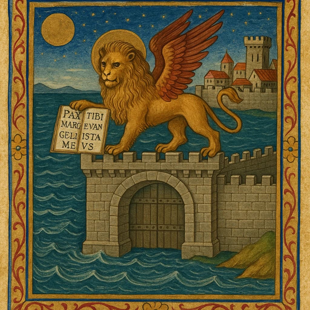 Paint an illuminated manuscript scene of a winged lion guarding a sea gate.