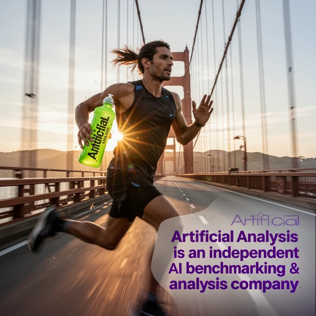 A runner dashes across the Golden Gate Bridge at dawn, sunlight streaming between cables. In their hand, they carry a neon-green sports drink with the brand name Artificial Analysis splashed boldly across the bottle. Motion blur emphasizes speed, while crisp purple sans serif typography overlays the bottom right of the scene with the tagline: Artificial Analysis is an independent AI benchmarking & analysis company