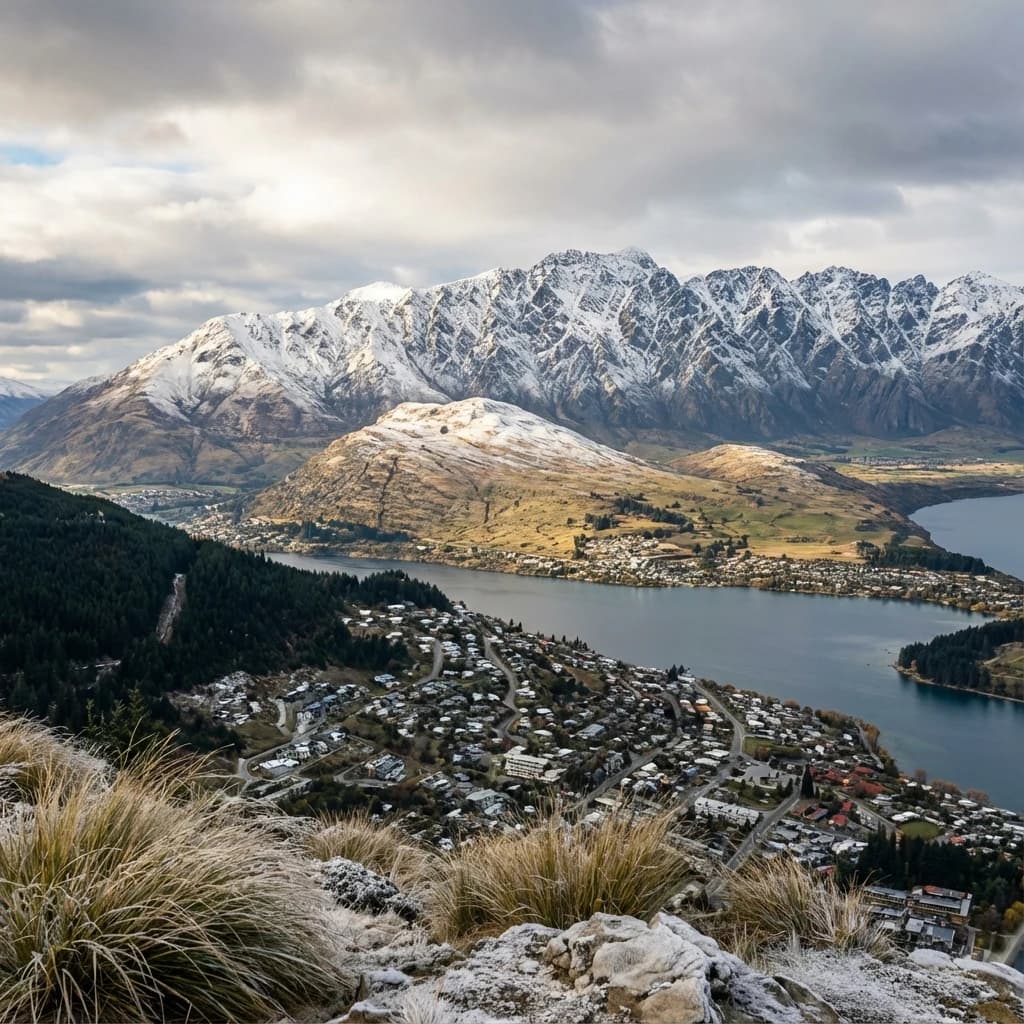 Queenstown's Lake Wakatipu, viewed from the top of Queenstown Hill after a snowstorm just dusted the top of Cecil's Peak