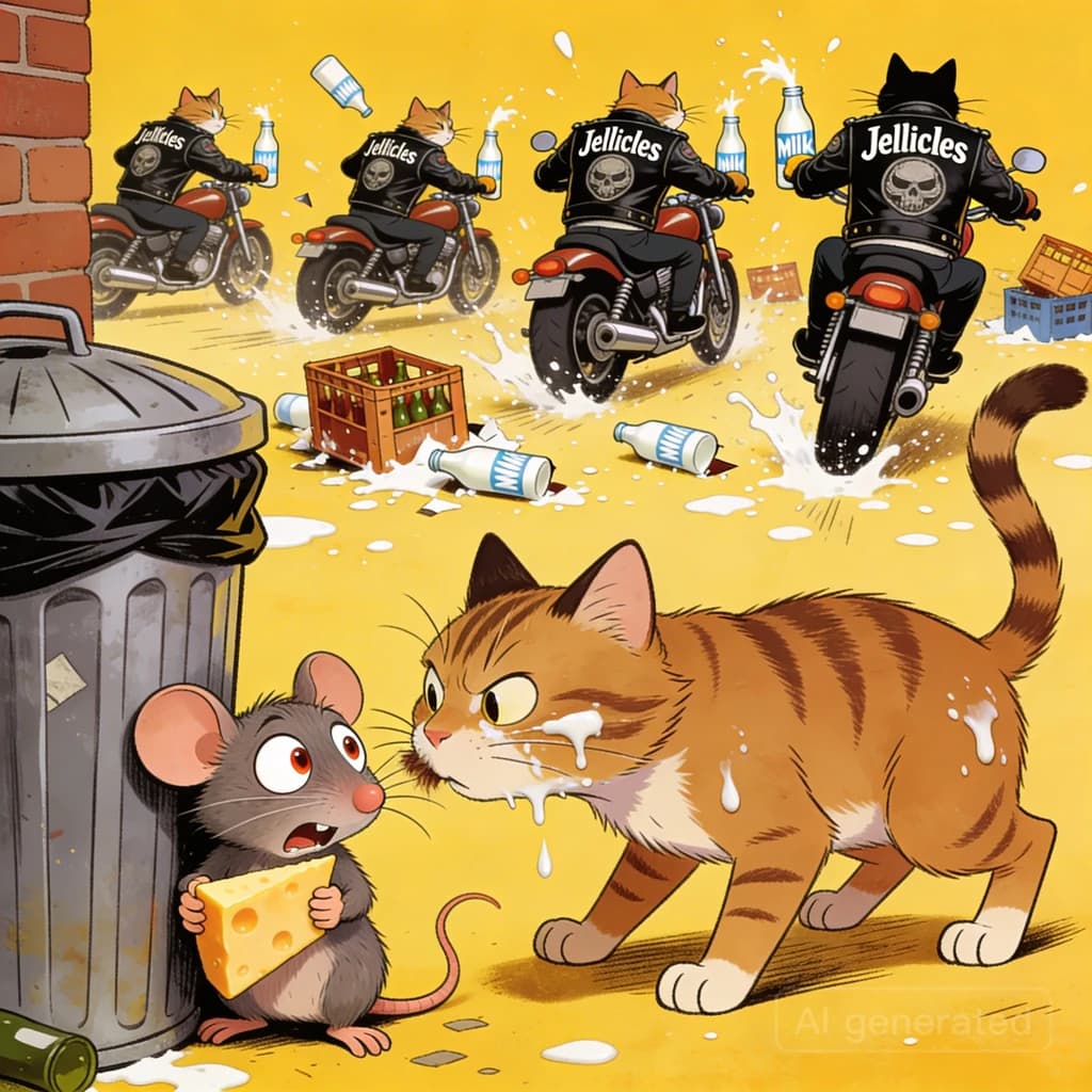 The cartoon rat clenches his thin wedge of cheese and trembles in fear as he hides from the menacing Jellicles, the roaming cat motorcycle gang, all wearing their colors with the name on the back. The cats have all drunk far too much milk and are causing a big ruckus! One cat is close to finding the rat