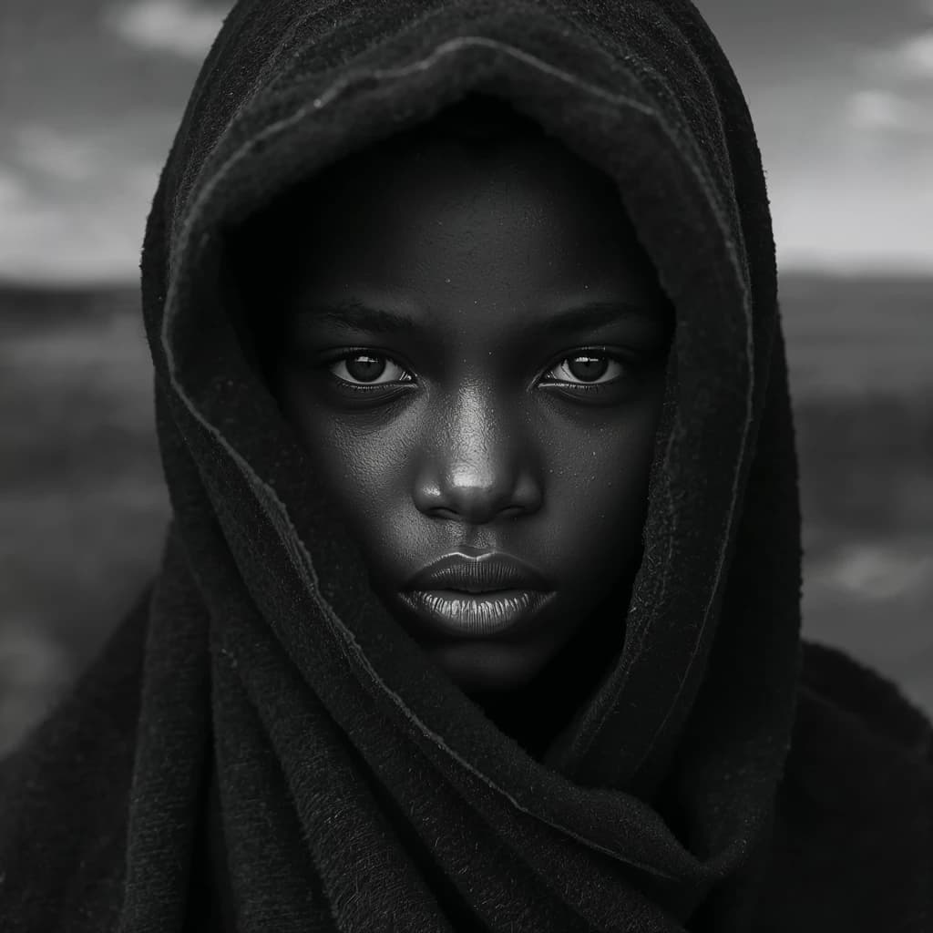 A dramatic black-and-white portrait of a young person draped in a hooded garment, their face framed by the hood's dark folds. Their skin tone and the subtle sheen on their cheeks create striking tonal contrast against the deep shadows. Their eyes are piercing, looking directly into the lens with a calm, steady intensity—neither confrontational nor submissive, but deeply present. The texture of the fabric is visible: it's dense, slightly weathered, and whisper-thin creases catch the light. In the background, an expansive, out-of-focus landscape suggests open space—perhaps distant plains or water—though the details remain soft and abstract. The overall mood is silent yet powerful, poised between vulnerability and resilience, with every highlight and shadow telling part of their story.