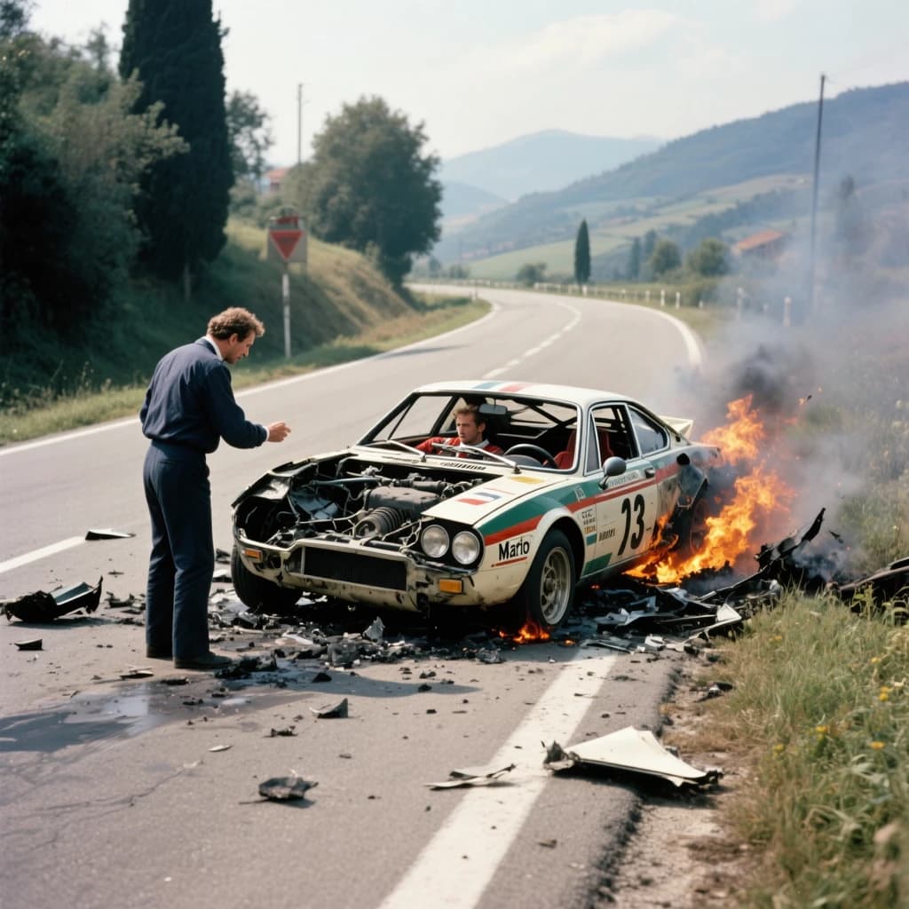 Mario examines the still smouldering wreck of the crash that took his best driver on the side of the country road. He designed this car and caused this. 3 days have passed since the crash. It's 1973 in Northern Italy.