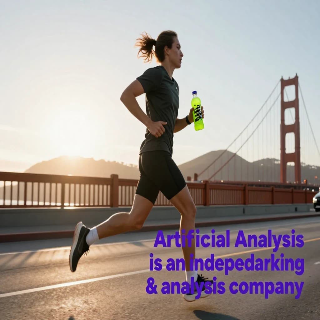 A runner dashes across the Golden Gate Bridge at dawn, sunlight streaming between cables. In their hand, they carry a neon-green sports drink with the brand name Artificial Analysis splashed boldly across the bottle. Motion blur emphasizes speed, while crisp purple sans serif typography overlays the bottom right of the scene with the tagline: Artificial Analysis is an independent AI benchmarking & analysis company