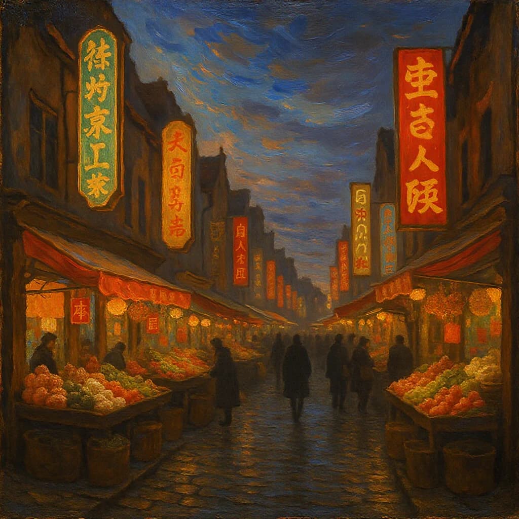 I want an oil painting of a busy market street with gaudy shop signs at dusk.