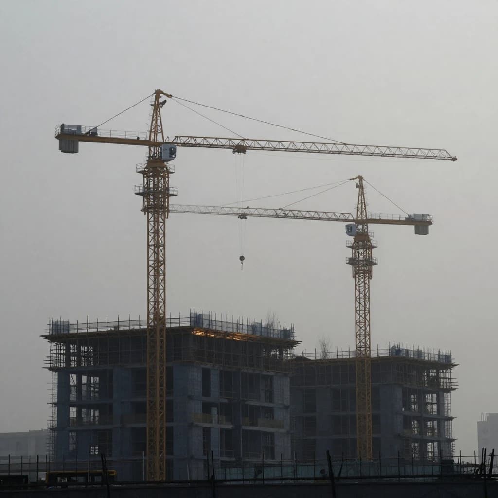 A construction site stretched upward into fog, cranes frozen in silhouette. Wind rattled scaffolding draped with torn mesh that glowed faintly from nearby billboards