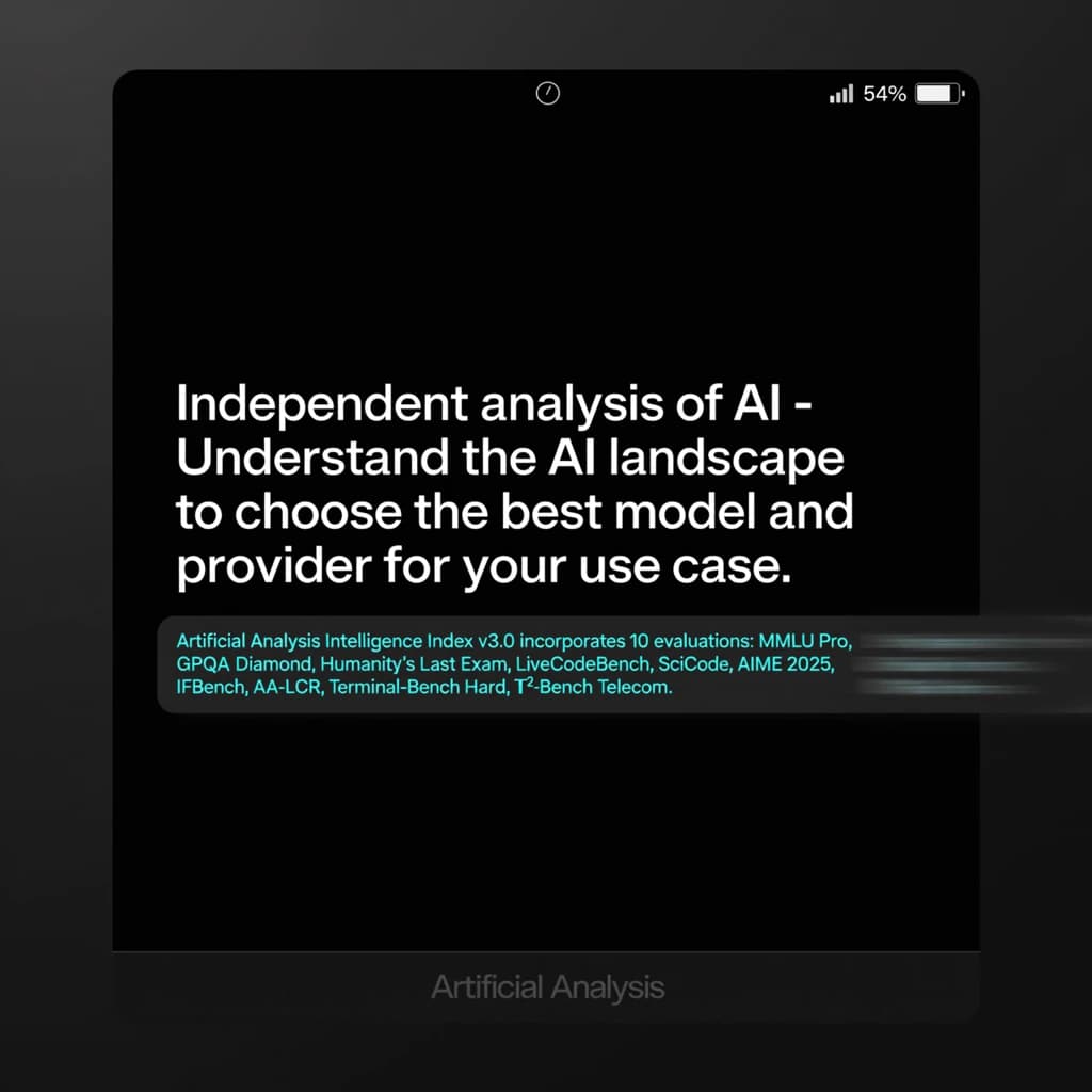 On a black smartphone UI with rounded corners, display a centered text block in white San Francisco font, 16pt: “Independent analysis of AI - Understand the AI landscape to choose the best model and provider for your use case.” Below, in neon cyan, monospace font, smaller size: “Artificial Analysis Intelligence Index v3.0 incorporates 10 evaluations: MMLU-Pro, GPQA Diamond, Humanity's Last Exam, LiveCodeBench, SciCode, AIME 2025, IFBench, AA-LCR, Terminal-Bench Hard, 𝜏²-Bench Telecom.” The second block scrolls horizontally as a ticker. The battery icon in the status bar shows 54%. The Artificial Analysis logo appears faintly, embossed into the bottom navigation bar.